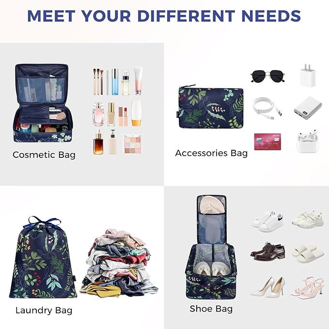 BAGAIL 8 Set Packing Cubes Luggage Packing Organizers for Travel Accessories-Navy Leaf