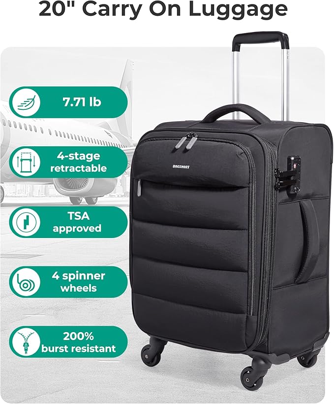 BAGSMART Carry On Luggage 22x14x9 Airline Approved, 20 Inch Soft Suitcase with Wheels, Lightweight Spinner Carry on Suitcase with PVC Wet/Dry Pockets for Short Trip, Black
