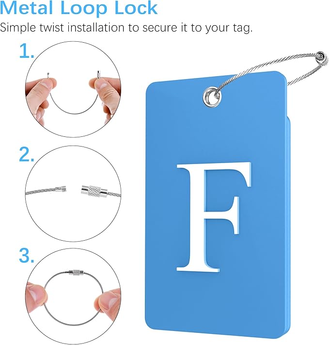 Gostwo 2 Pack Luggage Tags for Suitcases, 26 Initial Letter Travel Luggage Baggage Identification Labels ID Tag Fully Bendable Tags with Stainless Steel Loop (Blue) (Letter F)