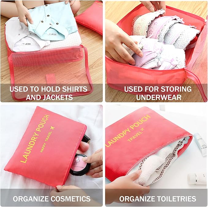 6 Set Packing Cubes for Travel Luggage Packing Bags Reusable Waterproof Suitcase Organizer Bags Set with Shoe Bag and Toiletry Bag (Watermelon Red‌)