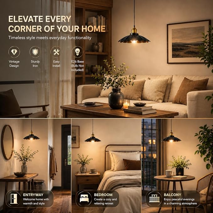 Black Pendant Light, 9.8 Inch Retro Hanging Lamp for Bedroom, Glossy Hanging Kitchen Lights Living Room 6.5Ft Height Adjustable Indoor Pleated Pendant Light