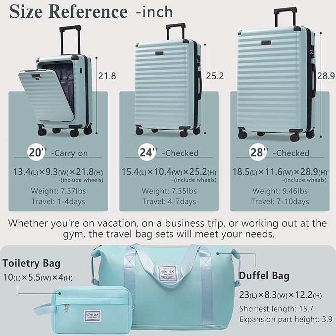 Merax Luggage Sets 3 Piece Front Opening, Hardside Lightweight Carry on Suitcase with Cup Holder USB Port,Durable Expandable Luggage with Bags Spinner Wheels and TSA Lock,Light Blue
