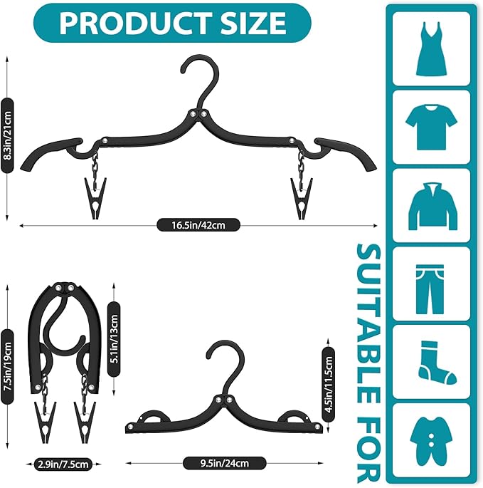 30 Pcs Travel Hangers Portable Foldable Travel Hanger Organizer, Plastic Cruise Essentials Clothes Drying Rack Folding Hangers for Camping Flying RV Europe Vacation Essentials Suitcase, Pitch Black