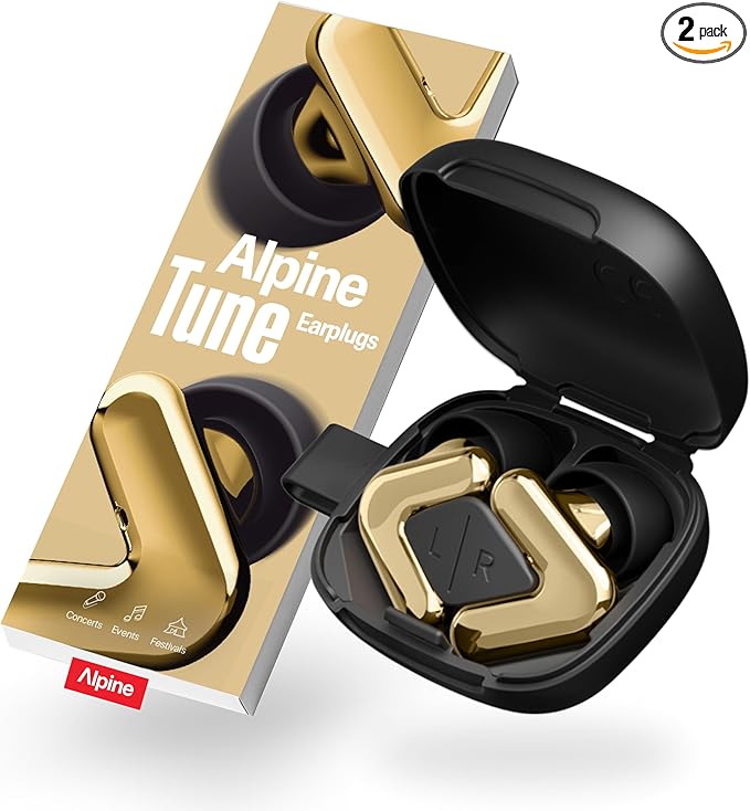 Alpine Tune Earplugs, Concert Ear Plugs for Noise Reduction, High Fidelity Music Quality, 19dB Hearing Protection with Crystal Clear Sound, Incl. 4 Sizes, for Parties, Raves, Festivals & Clubs, Gold