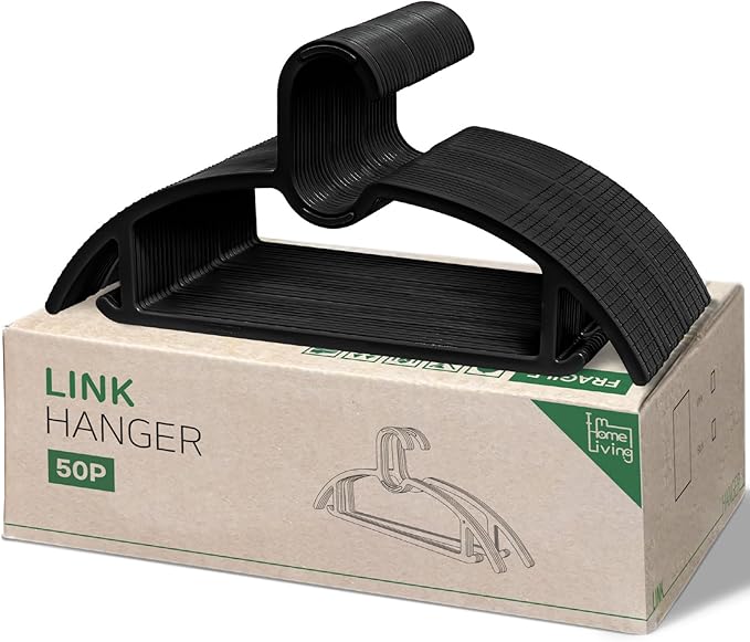 15" Compact Slim & Slimlink Interlocking Clothes Hangers, Space-Saving Lightweight Plastic Hangers for Small Closets, Dorms, Apartments, Travel, RVs & Petite Clothing (Black, 50)