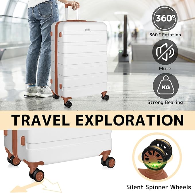 AnyZip Luggage PC ABS Hardside Lightweight Suitcase with 4 Universal Wheels TSA Lock Checked-Large 28 Inch White Brown