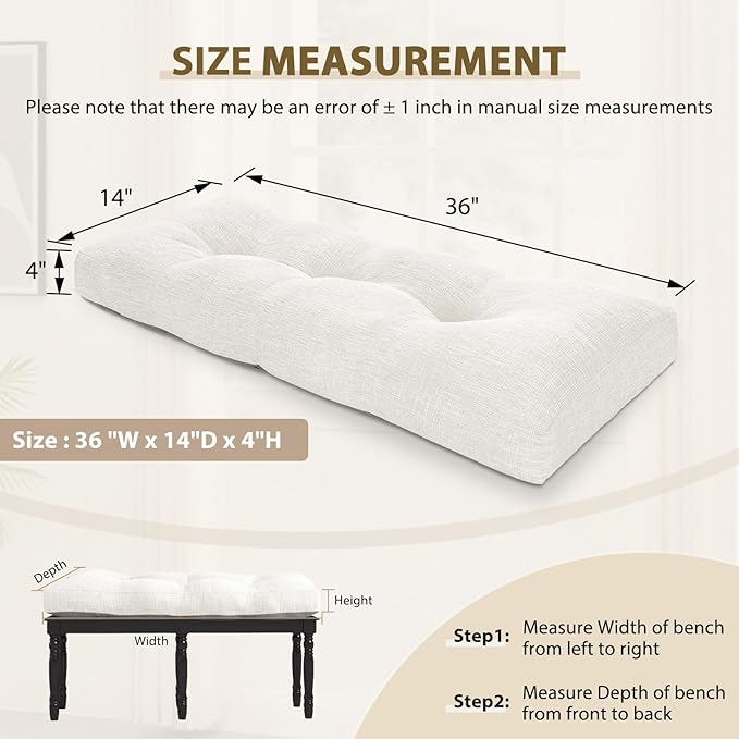 downluxe Indoor Bench Cushion for Indoor Furniture, Non-Slip Tufted Overstuffed Textured Foam Bench Seat Cushion, 36" X 14" X 4", Beige, 1 Pack