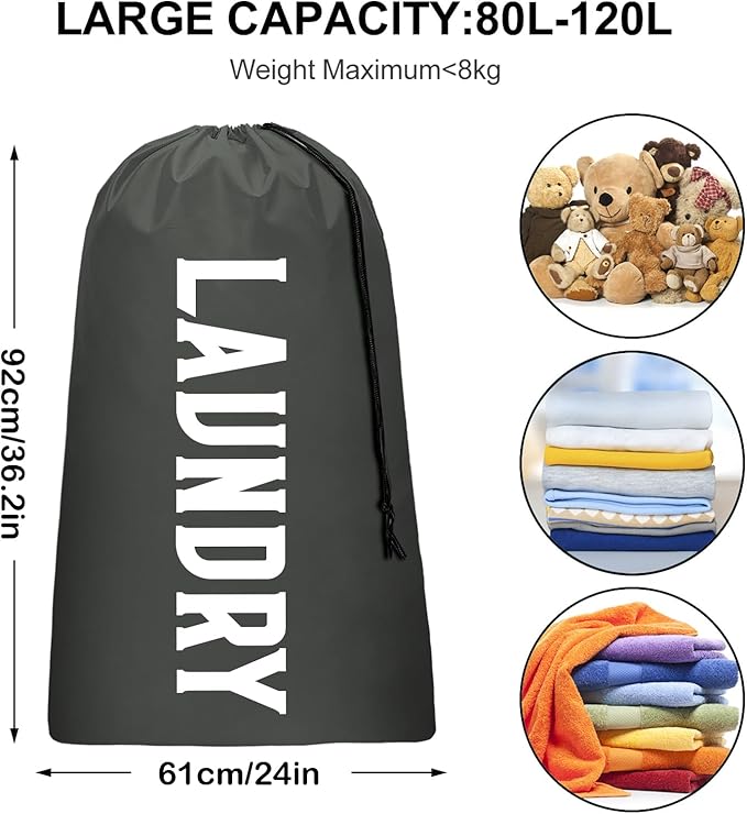 Laundry Bag, Travel Laundry Bag Machine Washable Dirty Clothes Organizer, Large Enough to Hold 4 Loads of Laundry, Easy Fit a Laundry Hamper or Basket (Gray, 24" x 36")