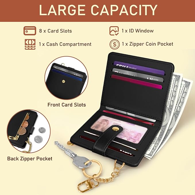 Jogjam Black Rfid Ladies Wallet, Small Slim Thin Compact Credit Card Women Wallet, PU Leather Bifold Cash Zipper Coin Pocket ID Window for Female