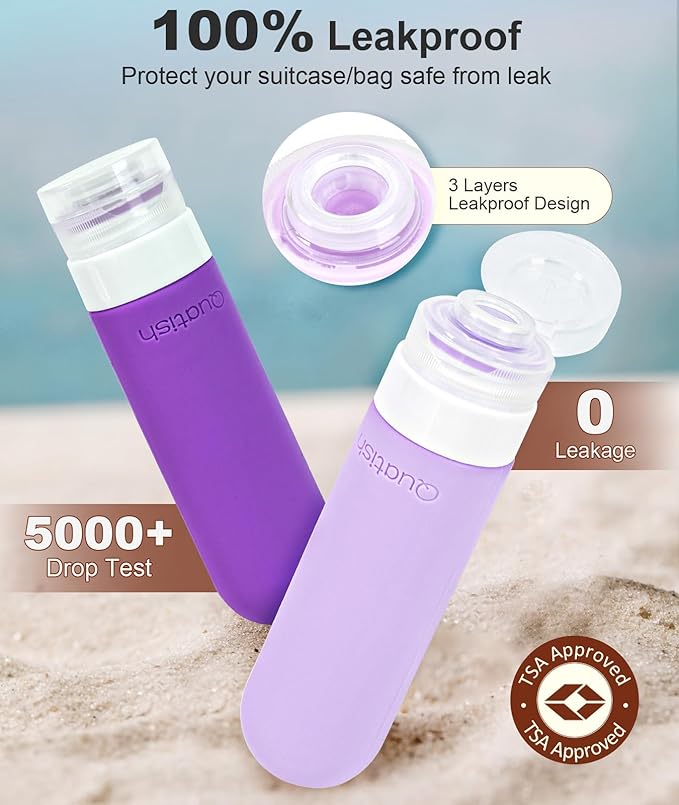 Quatish Travel Bottles for Toiletries 6 Pack, Original Patented Leakproof 3 oz Tsa Approved Travel Size Containers, BPA Free Silicone Shampoo and Conditioner Bottles, Cruise Camping Essentials, Purple