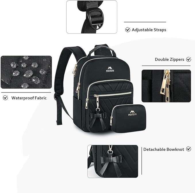 MATEIN Mini Backpack for Women, Waterproof Stylish Daypack Purse Shoulder Bag, Lightweight Small Casual Daily Travel Backpack Mochilas Para Mujer, Lady Girls Gifts for Work School, 2pcs Sets, Black