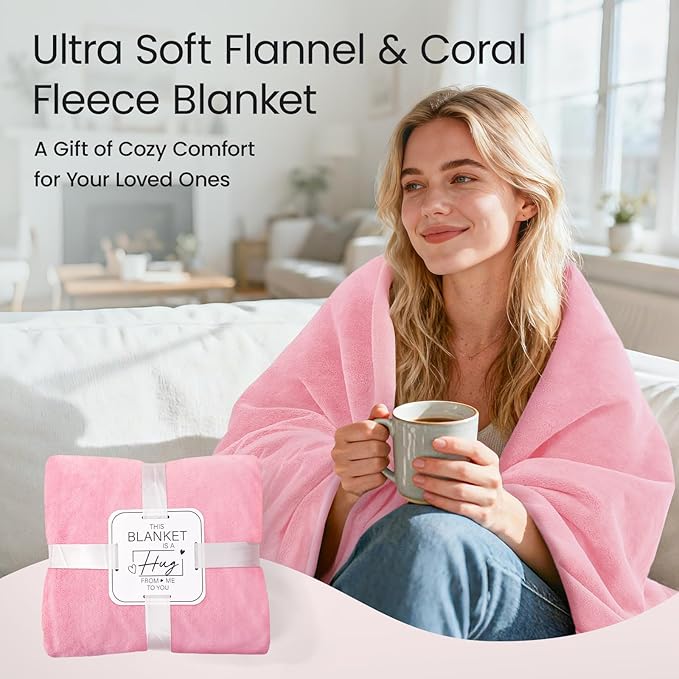 LOOBANI Waterproof Blanket for Bed: Reversible Leakproof Full/Queen Bed Blankets 80" x 90", Soft Flannel & Coral Fleece Bed Blanket Water Resistant for Couch Sofa Cover, Movie Time, Camping, Pink