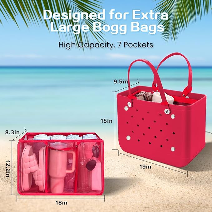 XYFuuee Beach Bag Organizer Inserts for Original Large Bogg Bag Accessories with 8 Removable Metal Fasteners, Lightweight Mesh Insert Divider Pouch, Organizing Rubber Tote, Save Space, Red XL
