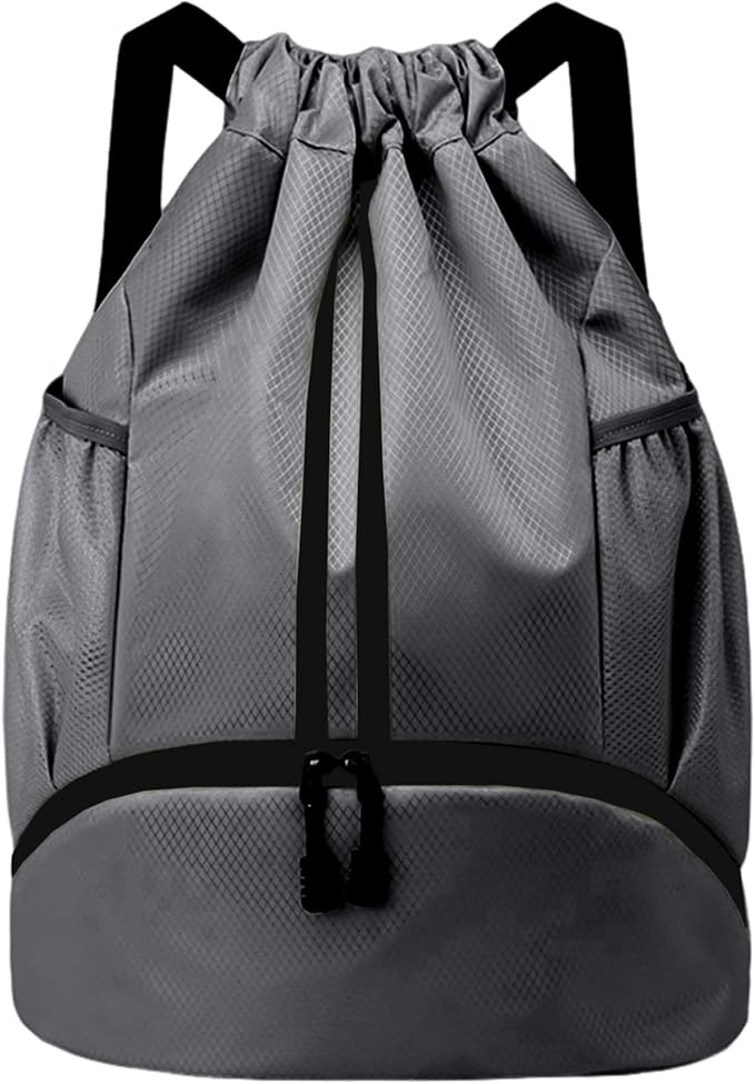 Drawstring Backpack Gym Bag with Shoes Compartment for Soccer, Basketball, Swim, Water-Resistant String Backpack Beach Cinch for Women Men, Dark Grey