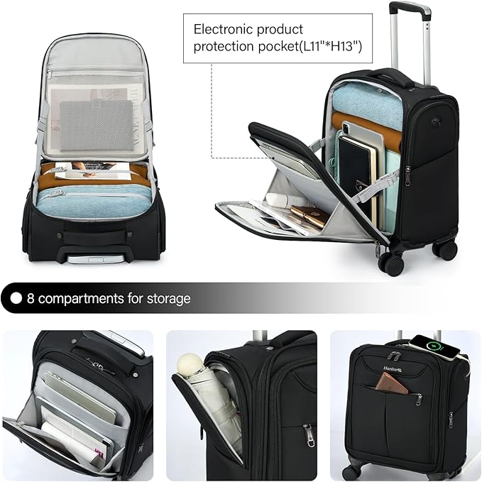 Hanke Underseat Carry On Luggage with Wheels, Lightweight Small Suitcase Airline Approved 16 Inch Softside Personal Item Travel Bag for Women Men, Compact Under Seat Luggage with Spinner Wheels,Black