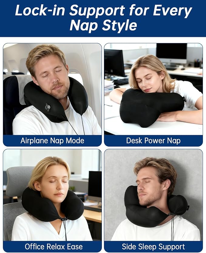 Inflatable Travel Neck Pillow for Airplane with Adjustable 360° Head & Neck Support, 2-in-1 Air Pump and Storage Bag, Soft Removable Washable Cover for Airplane, Train, Car, Office (Black)