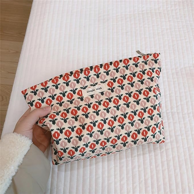 Wudygirl Cute Makeup Bag for Women - Travel Cosmetic Bag with Zipper Makeup Pouch Floral Make up Organizer Handbag Aesthetic (Boho Floral)