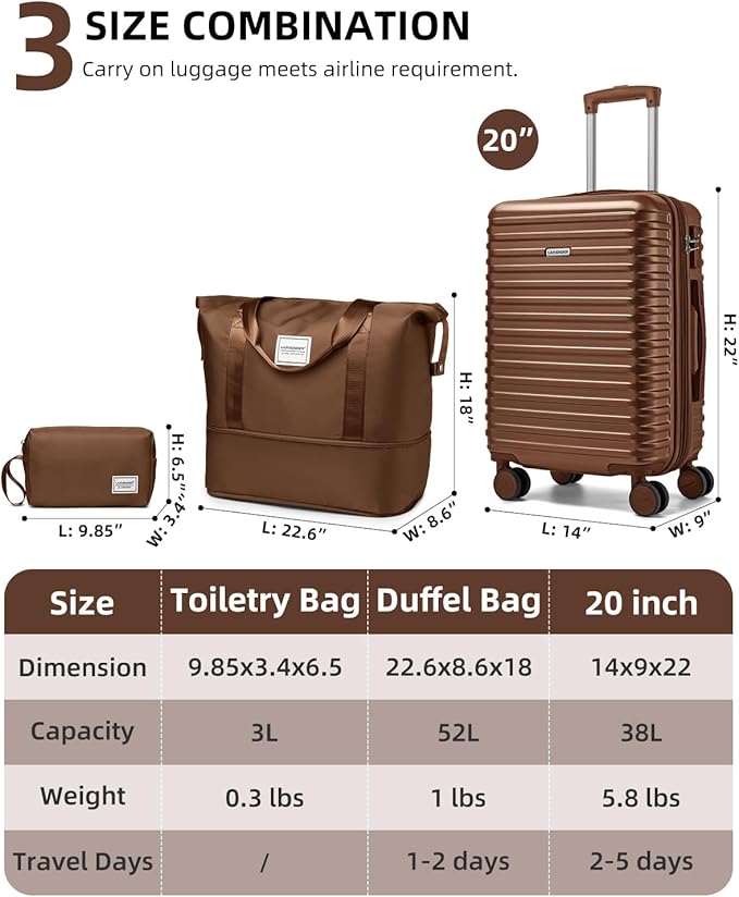 LARVENDER Carry on Luggage 22x14x9 Airline Approved, Expandable 20 Inch Hardside Suitcase with Wheels TSA Lock, PC+ABS Lightweight Carry on Suitcases for Women and Men, Maple (20/DB/TB)
