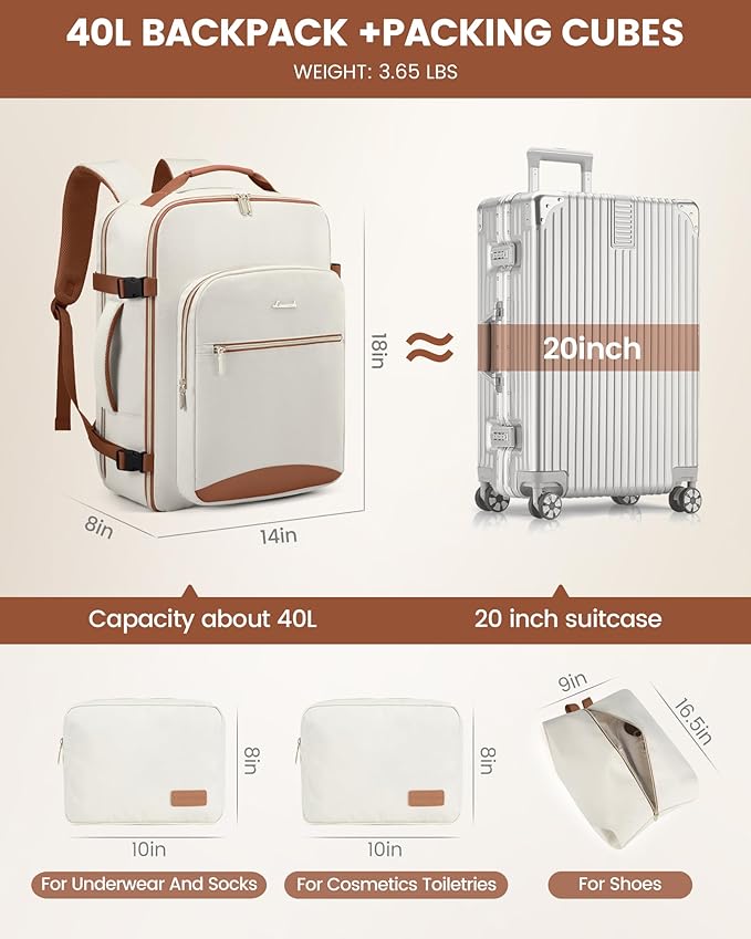 LOVEVOOK Travel Backpack for Women & Men 40L,Airline Approved Carry On Backpack Travel Essentials,TSA Carry on Luggage,Waterproof Personal Item Travel Bag,Suitcase with 3 Packing Cubes,Beige-Brown