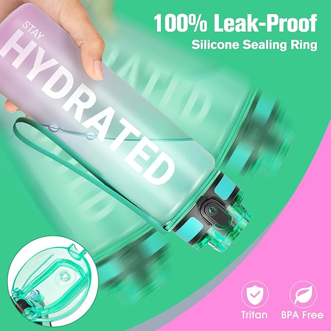 Sahara Sailor Water Bottle, 32/25/17oz Durable and Leakproof Water Bottles Motivational with Time Marker, Tritan, BPA Free, Wide Mouth with Easy Clean Brush for Gym, Travel, School, Office (1 Bottle)
