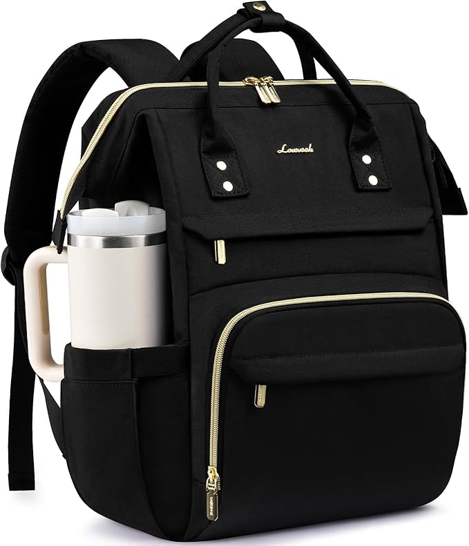 LOVEVOOK Laptop Backpack for Women with Giant Tumbler Holder Pocket,17 inch Waterproof Travel Backpack Purse Computer Laptop Bag,Professional Work College Nurse Teacher Backpack Casual Daypack,Black