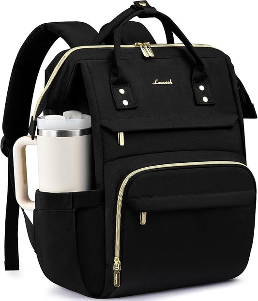 LOVEVOOK Laptop Backpack for Women with Giant Tumbler Holder Pocket,17 inch Waterproof Travel Backpack Purse Computer Laptop Bag,Professional Work College Nurse Teacher Backpack Casual Daypack,Black