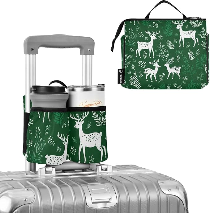 Green Christmas Deers Plants Luggage Cup Holder Travel Portable Free Hand Drink Carrier Suitcase Drinks Beverage Holder Carry-On Bottle Mug Holder Organizer Bag Travelers Accessories