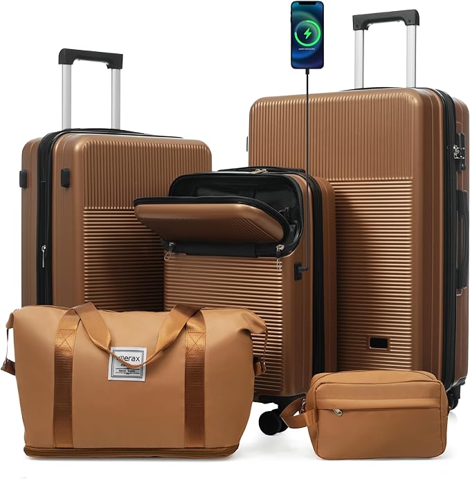 Merax Luggage Sets 5 Piece with Half-opening, Hardside 20" Carry On Suitcase Set with USB Port,Lightweight Travel 24" 28" Luggage with Bags TSA Locks Double Spinner Wheels,Brown
