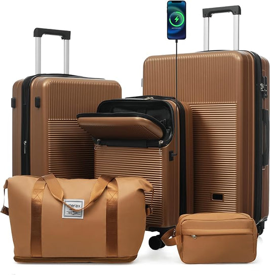 Merax Luggage Sets 5 Piece with Half-opening, Hardside 20" Carry On Suitcase Set with USB Port,Lightweight Travel 24" 28" Luggage with Bags TSA Locks Double Spinner Wheels,Brown