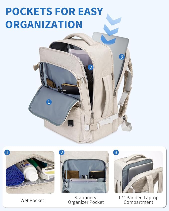 WANDF Travel Backpack For Spirit Airlines Personal Item Bag 18x14x8 with Wet Pocket, 17 Inch Laptop Backpack for Men Women（White）