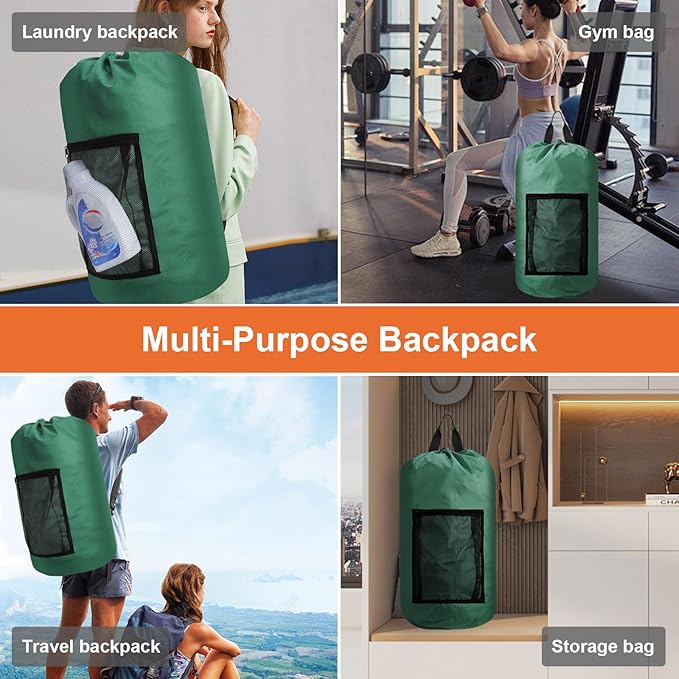 Laundry Bag Backpack Durable Laundry Bag with Shoulder Straps and Mesh Pockets Portable Laundry Dirty Clothes Hamper Bag for College Dorm (Green)