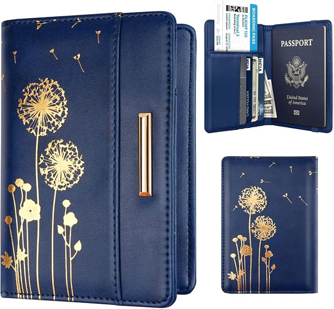 Coco Rossi Women's Fashion Dandelion Passport Wallet, Blue, RFID Blocking, 7 Compartments, Faux Leather
