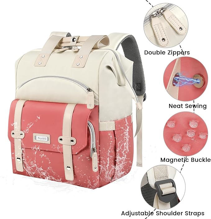 FALANKO Laptop Backpack for Women,Teacher Doctor Nurse Work Purse Bag for 15.6 Inch Laptop, Wide Open backpack With RFID Pocket, Large Water Resistant Travel Backpack White-Pink