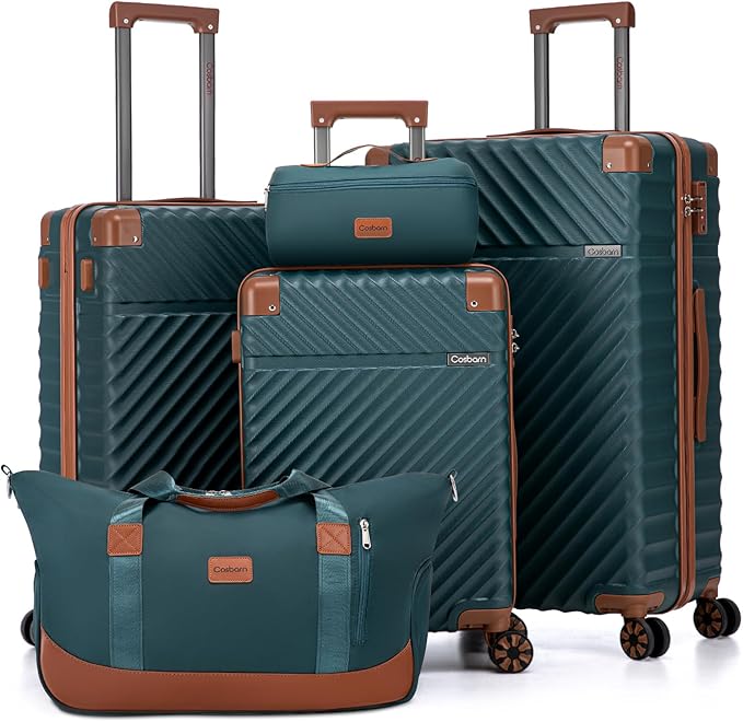 Luggage Sets 5 Piece with TSA Lock Spinner Wheels, Unisex Hard Case ABS Suitcase Set, Hardshell Lightweight Waterproof Travel Hardside Suitcases with Wheels for Women Men, Dark Green