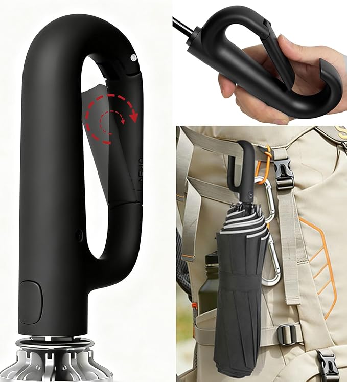 SIEPASA Travel Umbrella with Carabiner Handle - Windproof 10 Ribs Auto Open/Close for Rain & Sun Protection, Compact Portable Clip-on Backpack Design with Safety Reflective Strip.