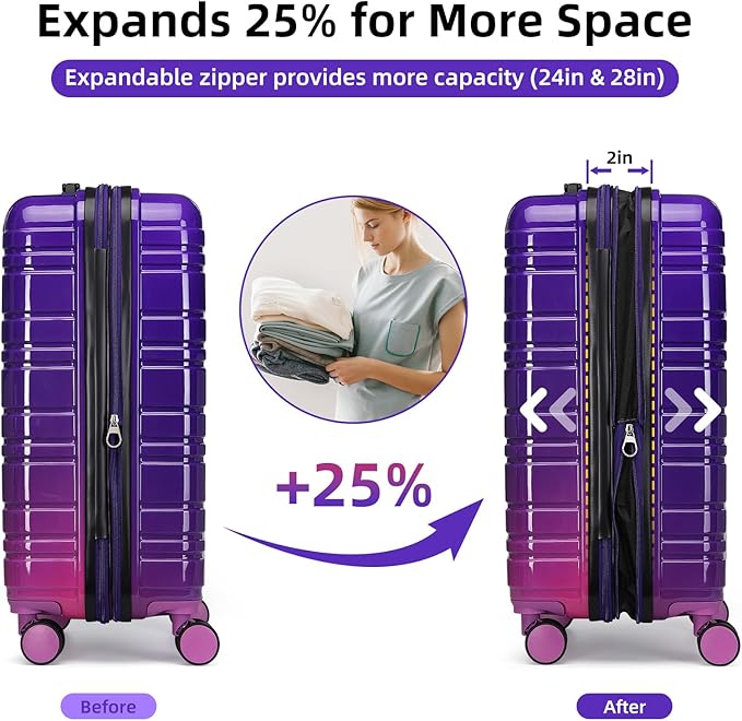 LARVENDER Luggage Sets 6 Piece, Expandable PC+ABS Hardside Multicolor Suitcase Sets with TSA Lock Double Spinner Wheels, Midnight Berry