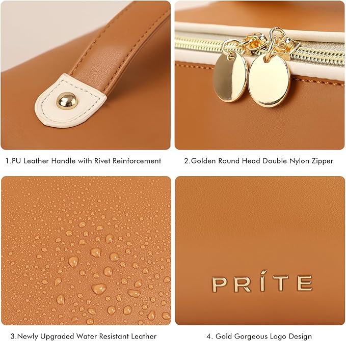 Prite Makeup Bag for Women Travel Waterproof Vegan Leather Cosmetic Bag Open Flat Toiletry Bag With Clear Divider and Handle (Brown)