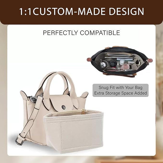 Premium Felt Purse Organizer Insert for Longchamp Le Pliage Energy/Xtra -XS, Zipper Long Champ Bag Organizer Insert with 4 Compartments
