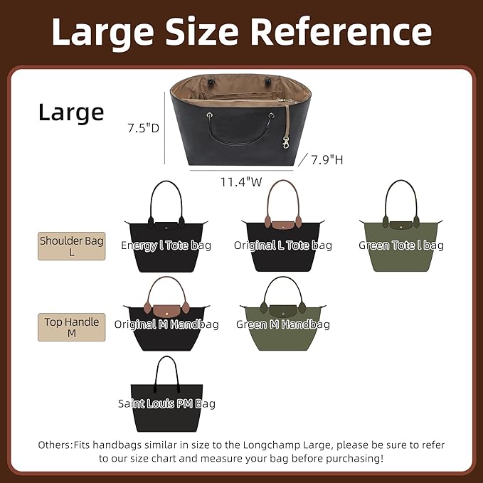 Doxo DupontPaper Purse Organizer Insert for Longchamp LePliage Large,Fixed Handle, Bag Shaper with Key Leash& 16 Compartments, Upgraded Elastic Cup Holder(Black Brown，L)