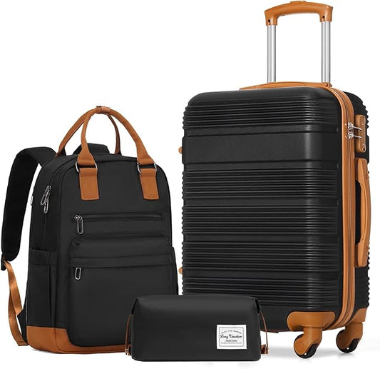 LONG VACATION 3 Piece Carry On Luggage Set with Backpack, 20 Inch Carry Suitcase with Spinner Wheels, ABS+PC Hardshell Suitcase set with TSA Lock & YKK Zipper