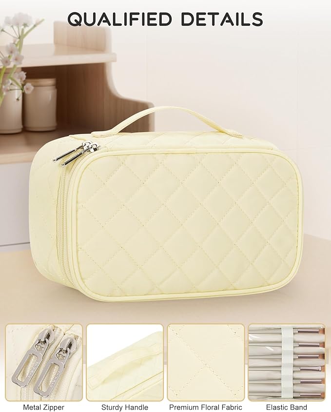 Relavel Travel Makeup Bag, Small Cosmetic Bag with Makeup Brush Compartment, Double Layer Makeup Organizer Bag, Portable Toiletry Bag Makeup Pouch for Women, White