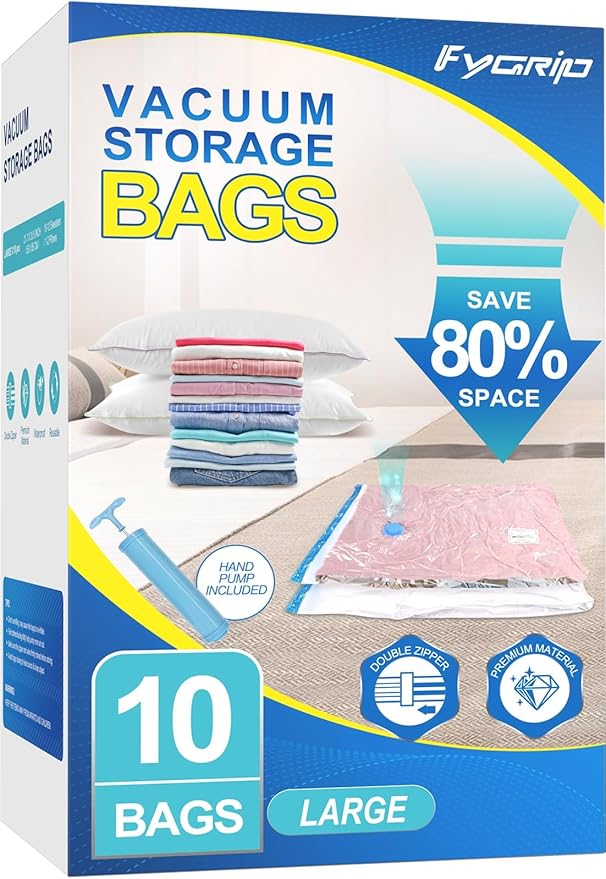 Vacuum Storage Bags with Hand Pump, Plastic Packaging Bags, 80% Space Saver Vacuum Seal Bags for Clothing, Travel Lugggage, Blankets, Comforters, 10 Large