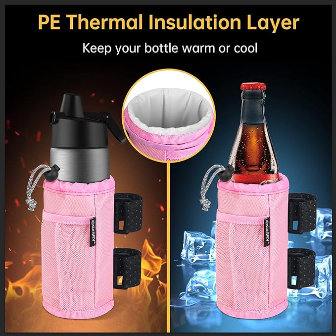 GEARV 2Pack Cup Holder for Bike, Scooter and Wheelchair, Water Bottle Holder for UTV/ATV, Walker, Golf Cart and Beach, Universal Drink Holder Accessories with Net Pocket and Cord Lock (Pink)