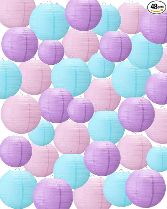 Treela 48 Pcs Paper Lanterns Party Decorations Round,Purple | Chinese Hanging Lamps, Wedding, Party Supplies, Birthday Bridal, 4/6/8/10 Inch, Easy Setup, Asian Decor, Festive Atmosphere