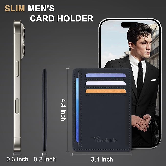 Travelambo Slim Wallet Front Pocket Minimalist Leather RFID Blocking Medium Size(Edge-Finished Black)