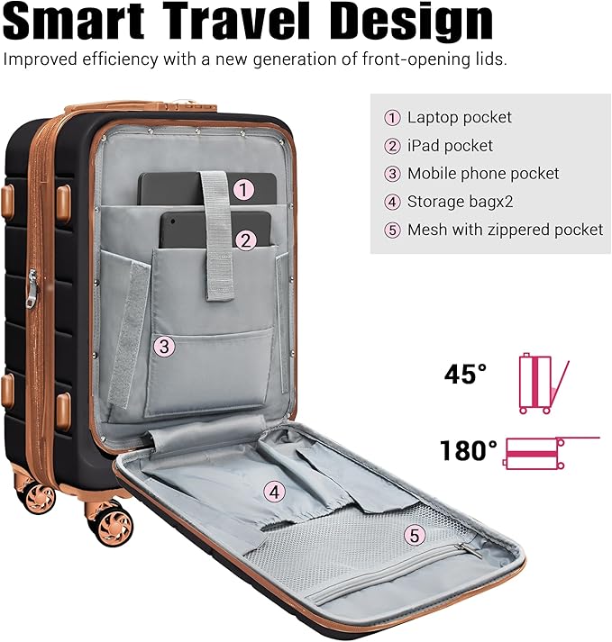 SmileLine 3-Piece Luggage Set Lightweight Hardside Suitcase TSA Lock Spinner Wheels, 20" Expandable Carry-On Luggage with Quick Access Front Open Pocket, Bonus Makeup Bag,Apricot Black
