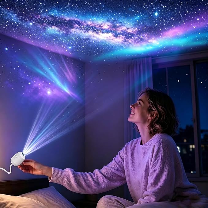 2027 New Smart Hd 5d Holographic Night Light Projector, Plug and Play Star, 360° Adjustable Hd Galaxy and Ocean Projector for Bedroom Ceiling (12Projection Films)
