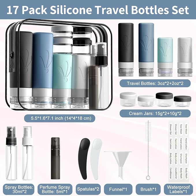 INSFIT 17 Pack Travel Bottles for Toiletries, TSA Approved 3oz 2oz Travel Size Toiletries, BPA Free Leak Proof Squeezable Silicone Tubes Travel Essentials for Shampoo Conditioner Lotion Soap