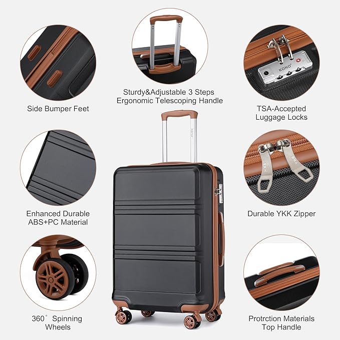 Kono Luggage Set 3 Piece Carry On Hardside Luggage with TSA Lock Spinner Wheels Lightweight PC+ABS Carry On Suitcase Apricot Black
