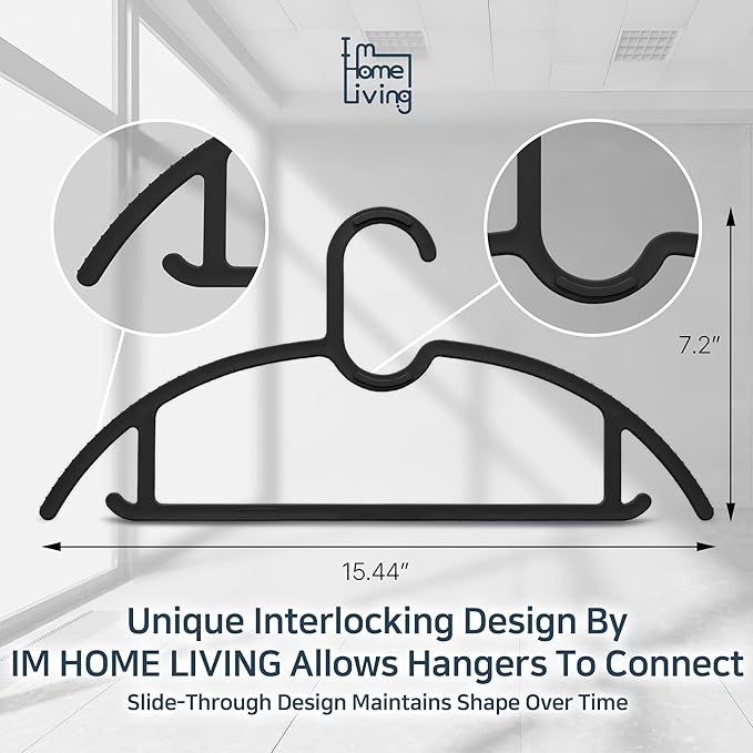 15" Compact Slim & Slimlink Interlocking Clothes Hangers, Space-Saving Lightweight Plastic Hangers for Small Closets, Dorms, Apartments, Travel, RVs & Petite Clothing (Black, 50)